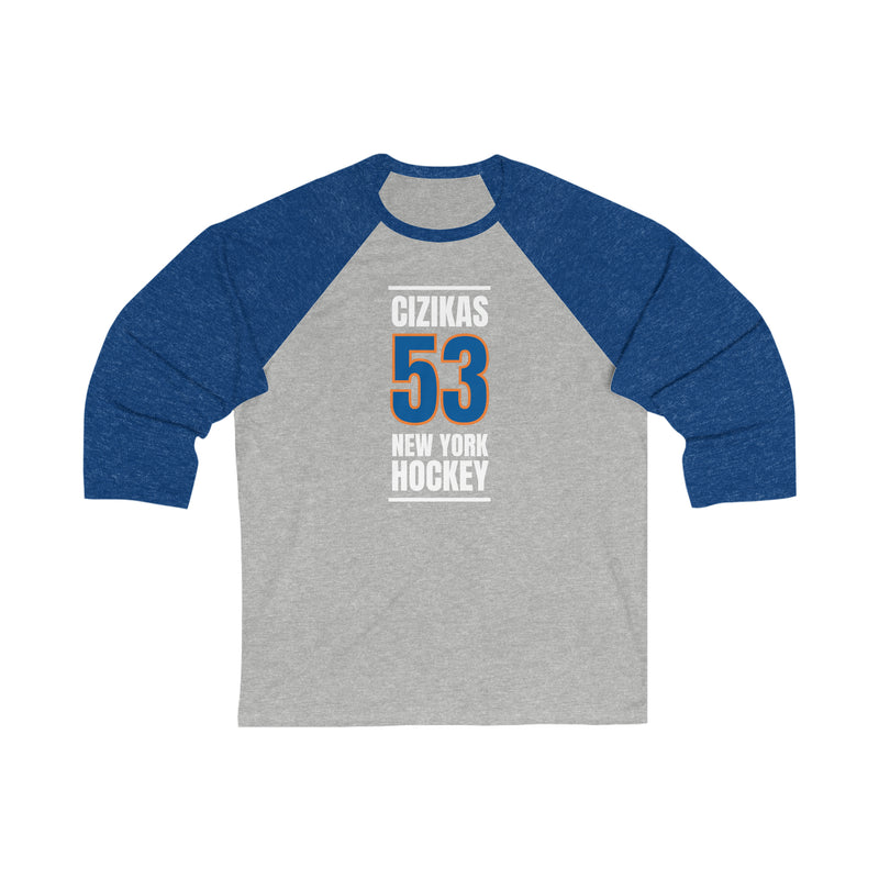 Cizikas 53 New York Hockey Blue Vertical Design Unisex Tri-Blend 3/4 Sleeve Raglan Baseball Shirt