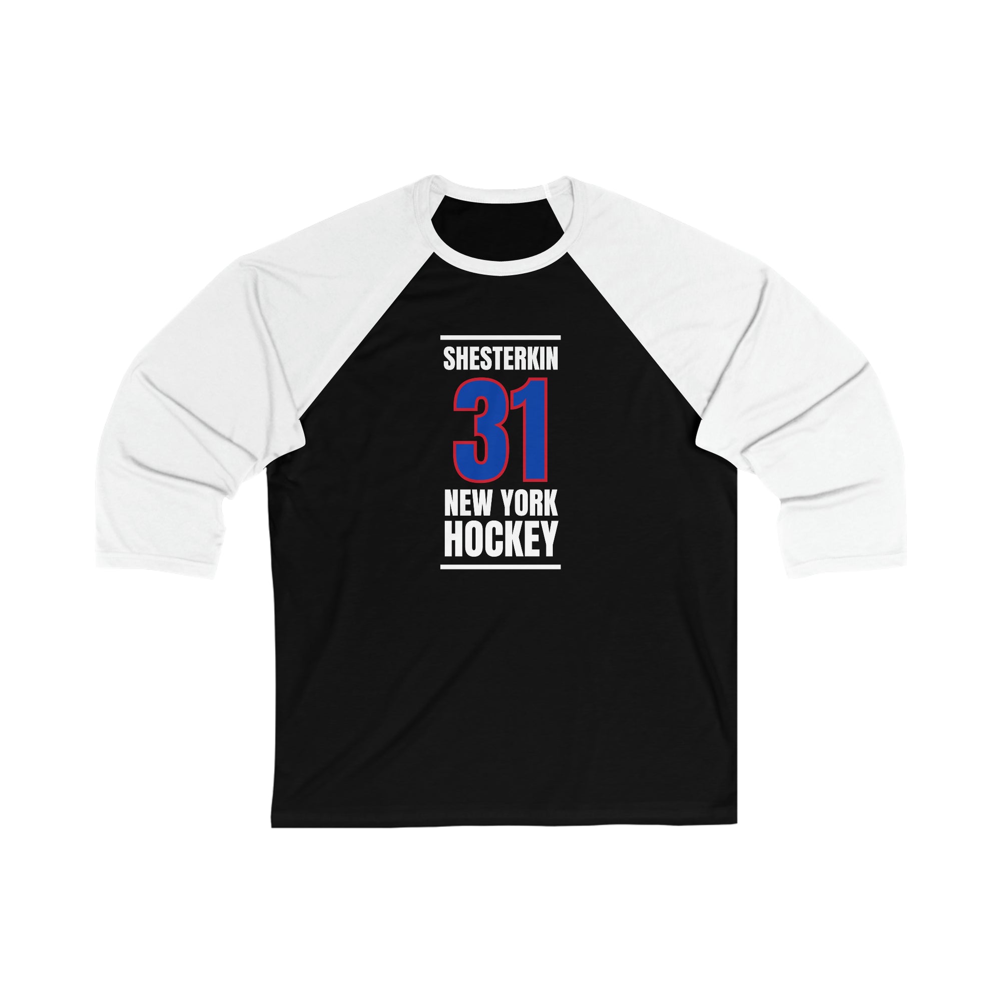 Shesterkin 31 New York Hockey Royal Blue Vertical Design Unisex Tri-Blend 3/4 Sleeve Raglan Baseball Shirt