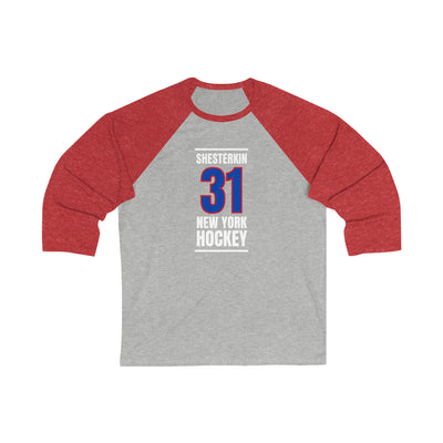 Shesterkin 31 New York Hockey Royal Blue Vertical Design Unisex Tri-Blend 3/4 Sleeve Raglan Baseball Shirt