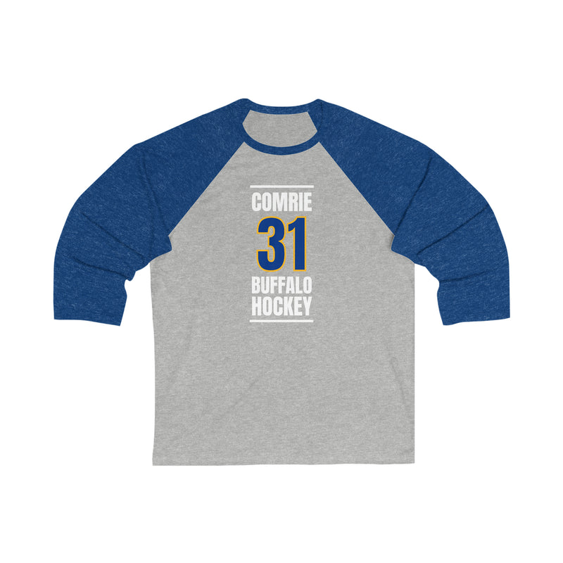 Comrie 31 Buffalo Hockey Royal Blue Vertical Design Unisex Tri-Blend 3/4 Sleeve Raglan Baseball Shirt