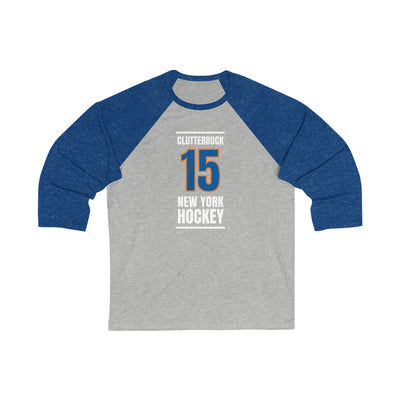 Clutterbuck 15 New York Hockey Blue Vertical Design Unisex Tri-Blend 3/4 Sleeve Raglan Baseball Shirt