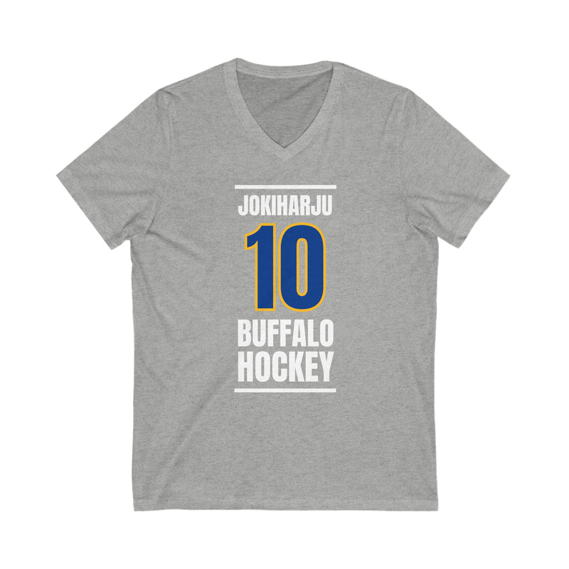 Jokiharju 10 Buffalo Hockey Royal Blue Vertical Design Unisex V-Neck Tee