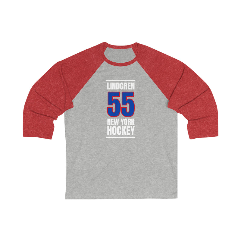 Lindgren 55 New York Hockey Royal Blue Vertical Design Unisex Tri-Blend 3/4 Sleeve Raglan Baseball Shirt