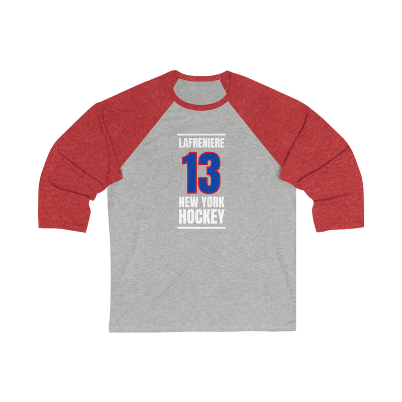 Lafreniere 13 New York Hockey Royal Blue Vertical Design Unisex Tri-Blend 3/4 Sleeve Raglan Baseball Shirt