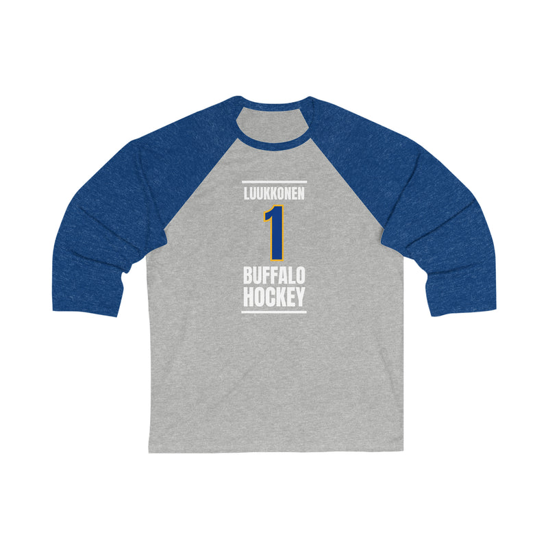 Luukkonen 1 Buffalo Hockey Royal Blue Vertical Design Unisex Tri-Blend 3/4 Sleeve Raglan Baseball Shirt
