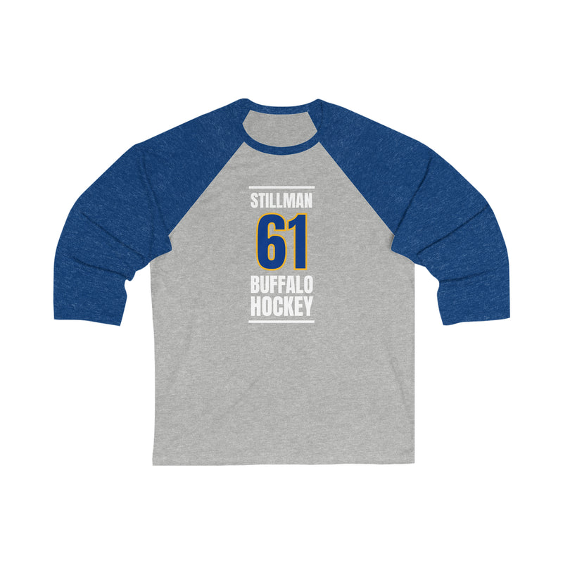 Stillman 61 Buffalo Hockey Royal Blue Vertical Design Unisex Tri-Blend 3/4 Sleeve Raglan Baseball Shirt