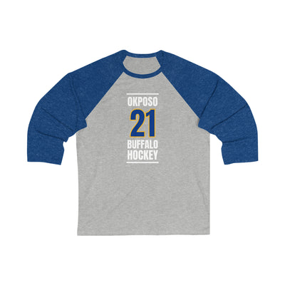 Okposo 21 Buffalo Hockey Royal Blue Vertical Design Unisex Tri-Blend 3/4 Sleeve Raglan Baseball Shirt