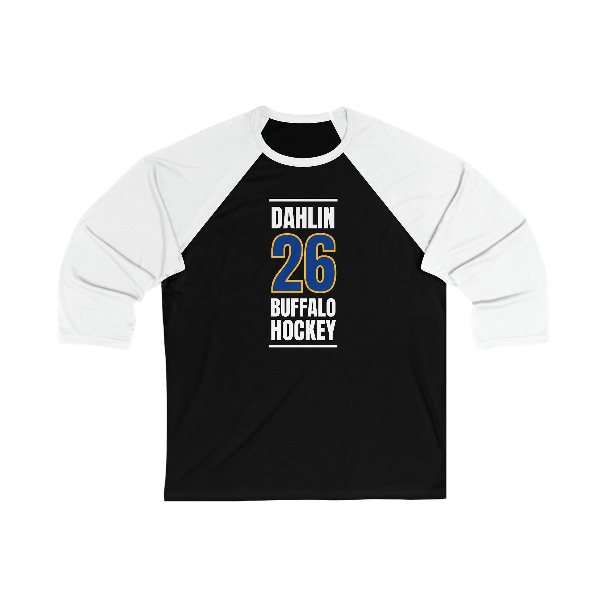 Dahlin 26 Buffalo Hockey Royal Blue Vertical Design Unisex Tri-Blend 3/4 Sleeve Raglan Baseball Shirt