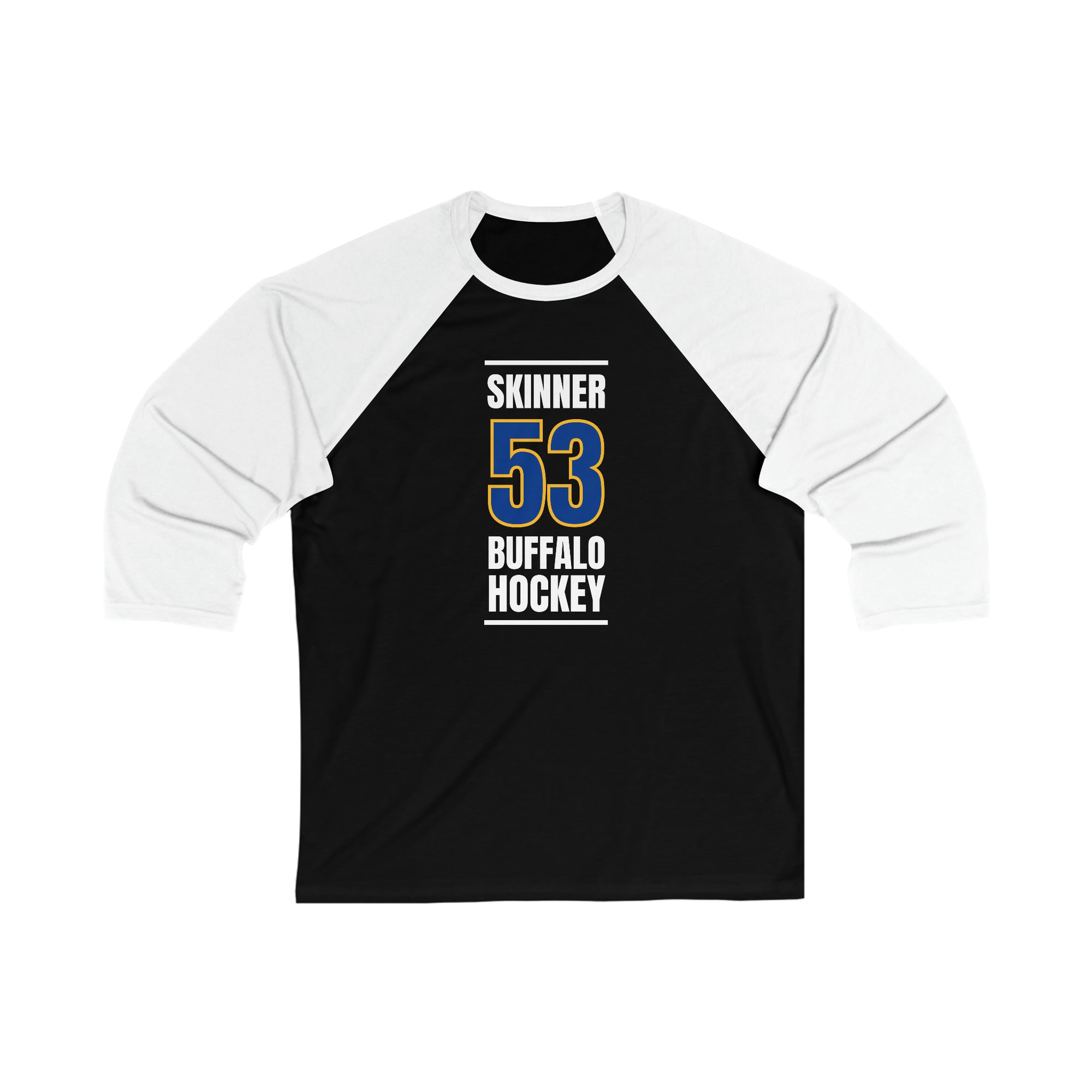 Skinner 53 Buffalo Hockey Royal Blue Vertical Design Unisex Tri-Blend 3/4 Sleeve Raglan Baseball Shirt