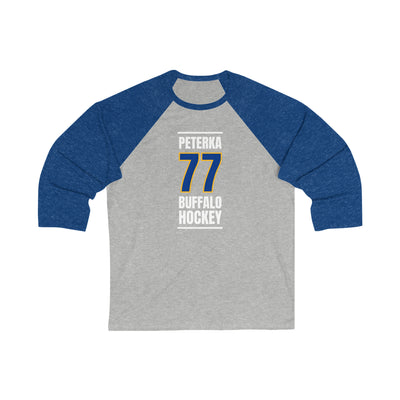 Peterka 77 Buffalo Hockey Royal Blue Vertical Design Unisex Tri-Blend 3/4 Sleeve Raglan Baseball Shirt