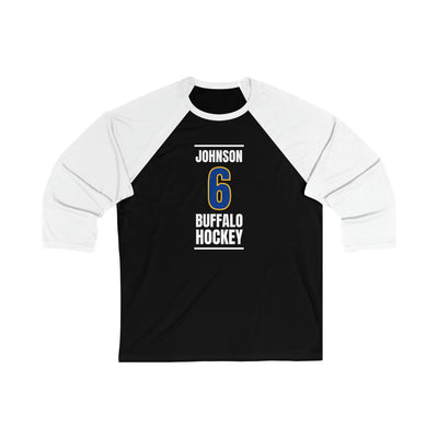 Johnson 6 Buffalo Hockey Royal Blue Vertical Design Unisex Tri-Blend 3/4 Sleeve Raglan Baseball Shirt