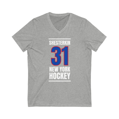 Shesterkin 31 New York Hockey Royal Blue Vertical Design Unisex V-Neck Tee