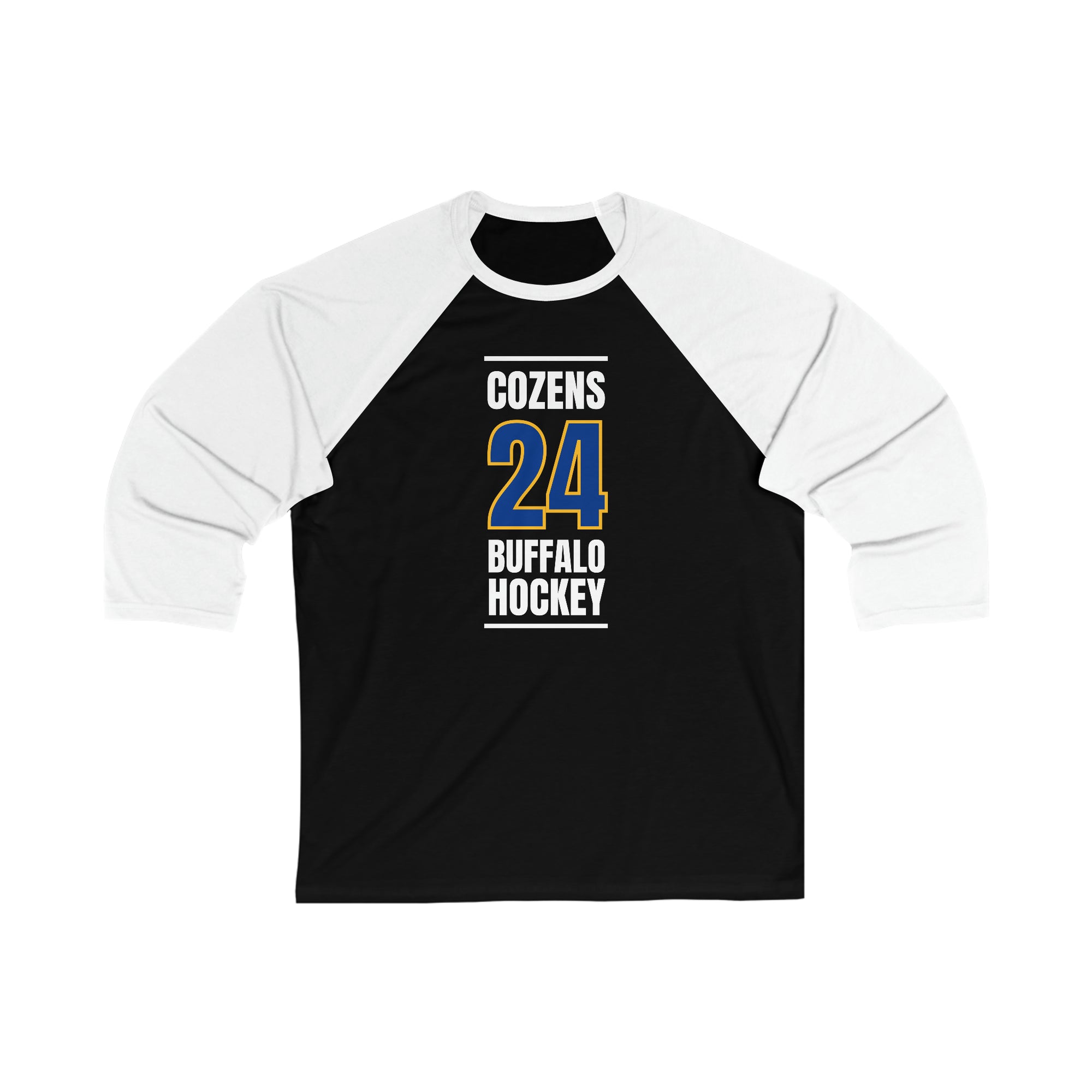 Cozens 24 Buffalo Hockey Royal Blue Vertical Design Unisex Tri-Blend 3/4 Sleeve Raglan Baseball Shirt