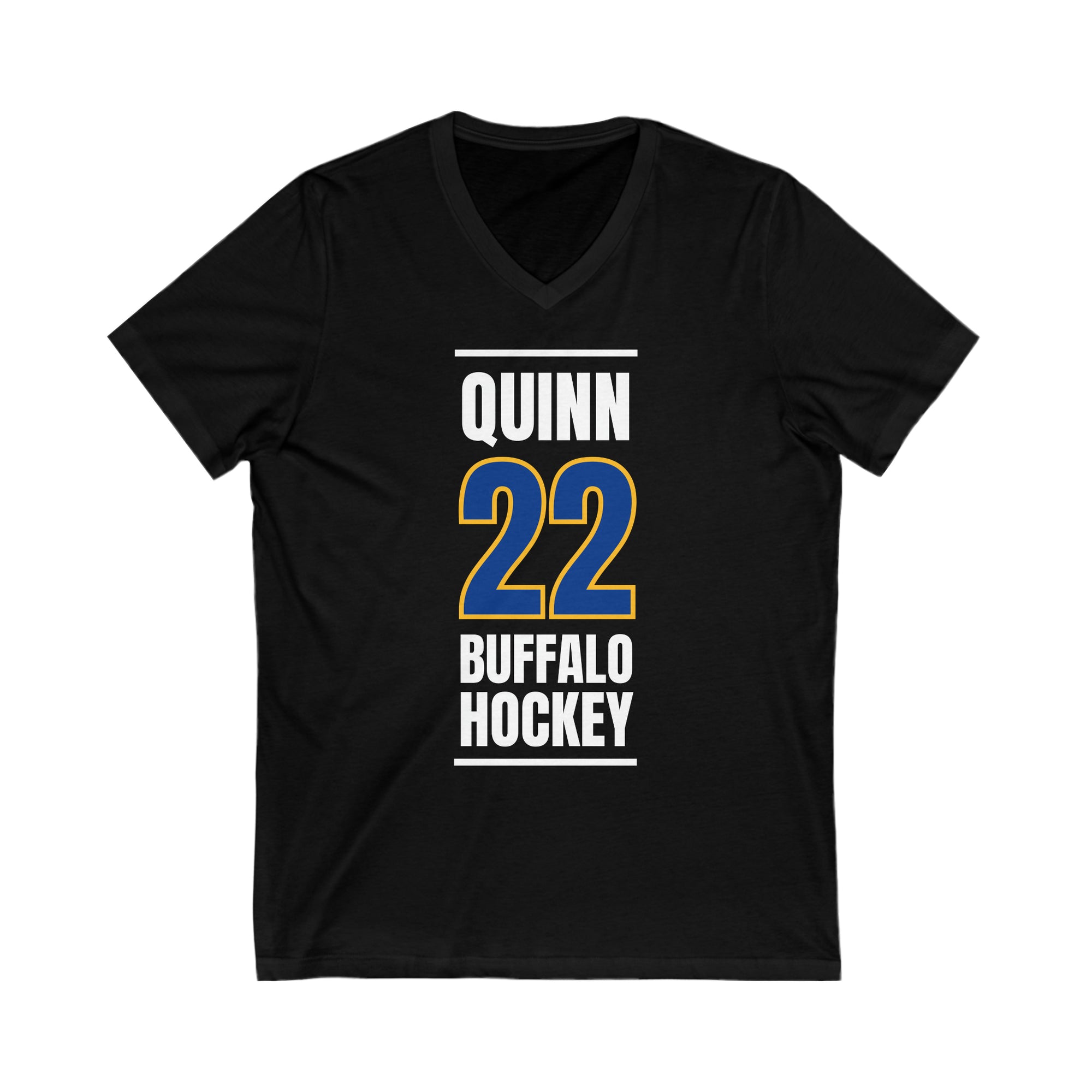 Quinn 22 Buffalo Hockey Royal Blue Vertical Design Unisex V-Neck Tee