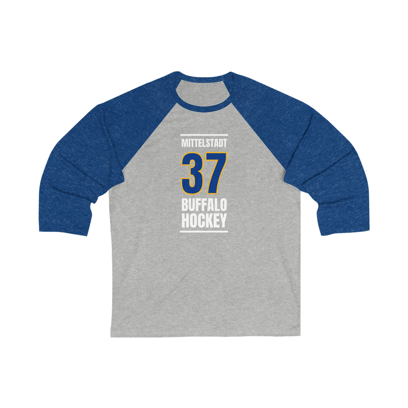 Mittelstadt 37 Buffalo Hockey Royal Blue Vertical Design Unisex Tri-Blend 3/4 Sleeve Raglan Baseball Shirt